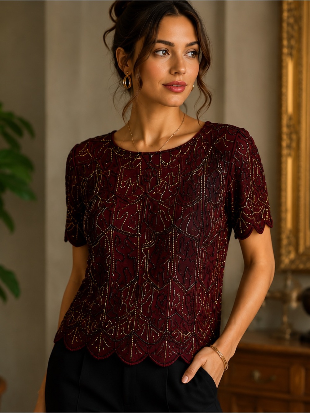 90s Stenay Beaded Silk Top | Burgundy Art Deco Sequin Petite Blouse